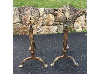 Fabulous Pair Of Antique Dutch Andirons VERY LARGE / TALL 28' Tall - Iron With Brass Tops - GREAT PAIR !