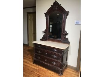 Lovely Antique Victorian Marble Top Dresser & Mirror - Carved Acorn Pulls - Hidden Drawer In Base - Original