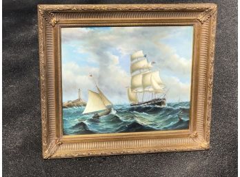Wonderful Antique Style Oil On Canvas Of Ships At Sea By J. CLARK In Beautiful Gilt Wood Frame - WOW !