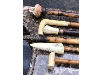 Fantastic Lot Of Six (6) Vintage Canes / Walking Sticks With Carved Bone Handles - Fantastic Vintage Lot