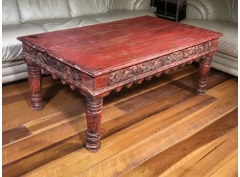 Incredible Antique All Hand Carved Cocktail / Coffee Table From Bali - Great Rough Worn Paint - Great Table