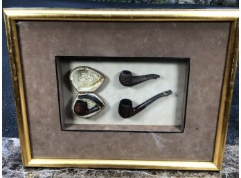 Beautiful Vintage Pipe Shadow Box - With Genuine Antique Pipes - One With Sterling Silver Trim - Nice Piece !