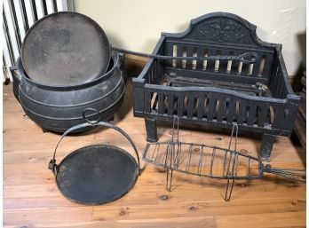 Group Of Of Antique / Vintage - Cast & Wrought Iron Pieces - Fire Box - Cauldron - Pans & Old Fish Broiler