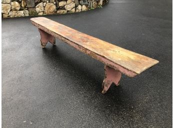 Incredible Antique Country Primitive Bench - Mortise & Tenon Constriction - Traces Of Old Salmon Paint