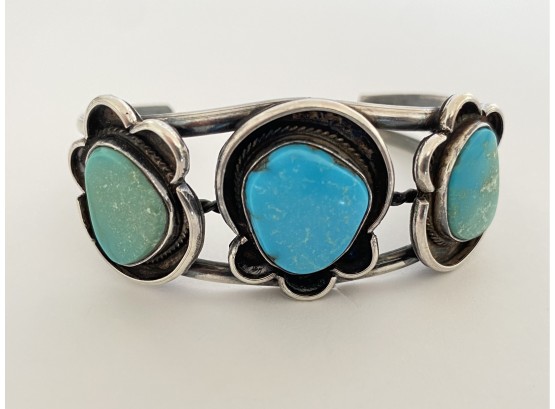 Vintage Sterling Silver & Turquoise 3 Stone Cuff Bracelet