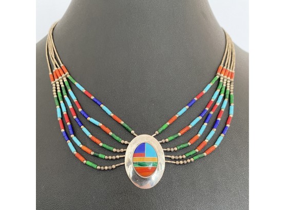 Beautiful Native American Sterling Silver , Inlaid Turquoise ,Coral & Maiachite Necklace