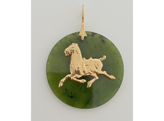 Fantastic Old 14K Yellow Gold & Jade Horse Pendant