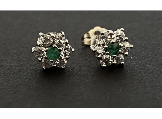 Pair Of 10K White Gold , Emerald & Crystal  Earrings