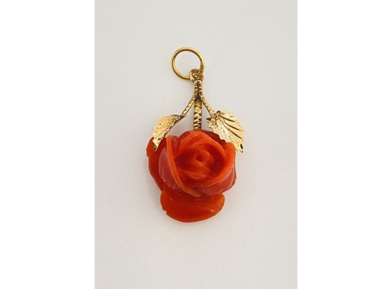Vintage 14K Yellow Gold & Carved Red Coral Rose Pendant
