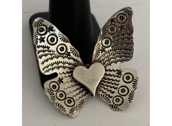 Designer Signed Grady Alexander Sterling Silver Butterfly Brooch With Heart