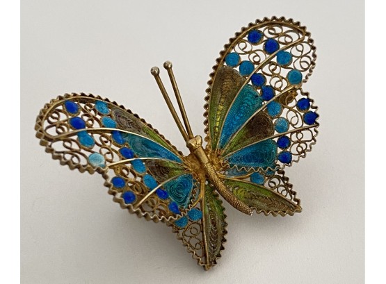 Fantastic Vintage .800 Silver Filigree & Enamel Butterfly Brooch
