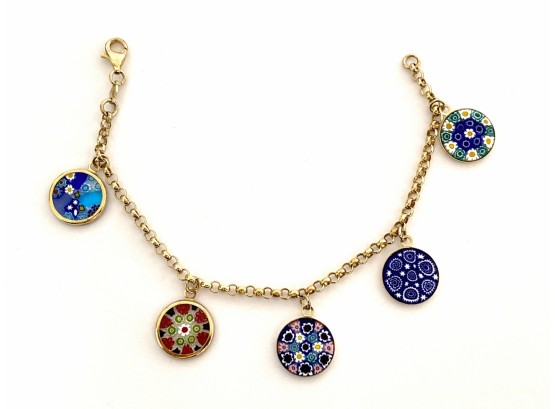Beautiful Gold Over Sterling Silver Bracelet With Millefiori  Glass Charms