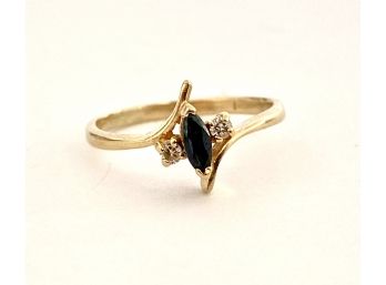 Small 14K Yellow Gold , Marquis Cut Sapphire & Diamond Ring