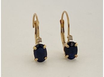 Pair Of 14K Yellow Gold , Sapphire & Diamond Hoop  Earrings