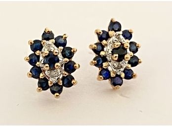 Pair Of 10K Yellow Gold , Sapphire & Diamond  Earrings