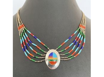 Beautiful Native American Sterling Silver , Inlaid Turquoise ,Coral & Maiachite Necklace