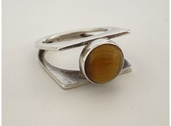 Vintage Mid Century Modernist Sterling Silver & Tiger's Eye Ring  - Israel -