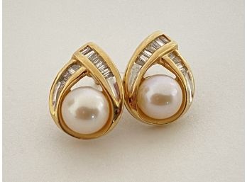 Pair Of 14K Yellow Gold , Pearl & Baguette Diamond Teardrop Earrings