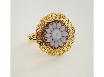 Large 14 K Yellow Gold & Carved Floral Cameo Ring  - Italy -