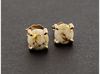Pair Of 14K Yellow Gold & Native Gold In Quartz Specimen Stud Earrings