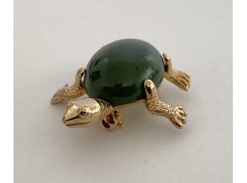 Unique Vintage  14K Yellow Gold & Jade Turtle Pin