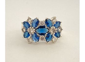 Large Sterling Silver  Blue & Clear Stone Ring