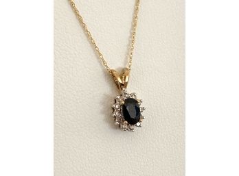 10K Yellow Gold ,Sapphire & Diamond Pendant With Necklace