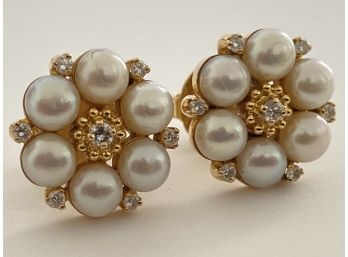 Impressive Pair Of 14K Yellow Gold , Pearl & Diamond Earrings