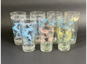 An Assortment Of Mid-Century Tumblers With Pastel Cartoon Drawings