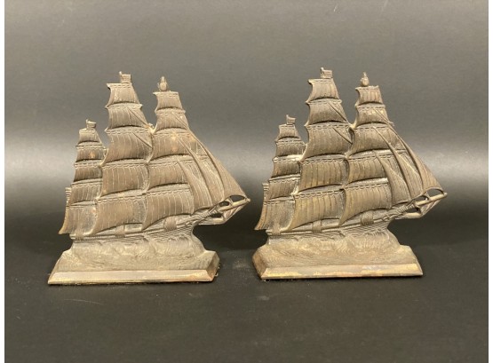 A Great Pair Of Vintage Brass Bookends, Tall Ships