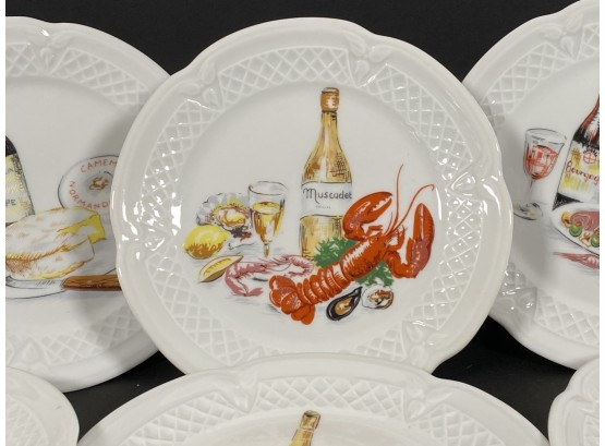 A Fantastic Set Of French Porcelain Canape Plates, Wine & Cheese Pattern