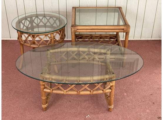 A Fantastic Set Of Three Vintage Rattan & Glass Tables