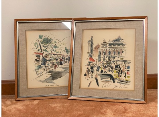A Fantastic Pair Of Mid-Century Sketches, Paris Street Scenes, Signed