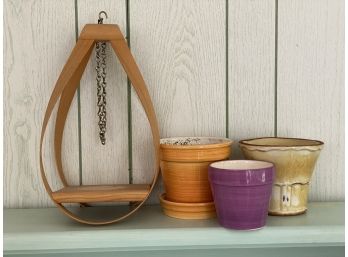 A Fabulous Wooden Teardrop Plant Hanger & Ceramic Pots