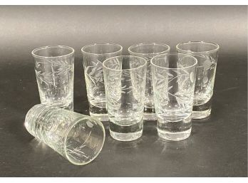 A Set Of Seven Vintage Etched Shot Glasses
