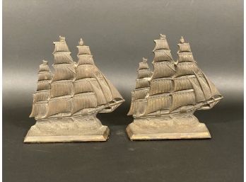 A Great Pair Of Vintage Brass Bookends, Tall Ships