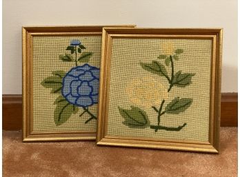 A Pair Of Small Vintage Needlepoint Florals