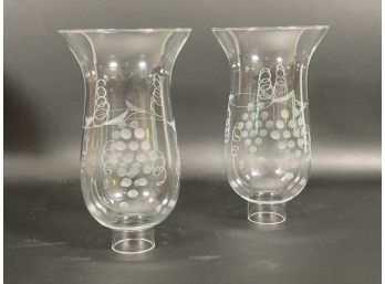 A Lovely Pair Of Etched Glass Candle Hurricanes