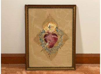 Original Painting On Moire, Sacred Heart Of Jesus