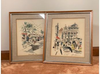 A Fantastic Pair Of Mid-Century Sketches, Paris Street Scenes, Signed