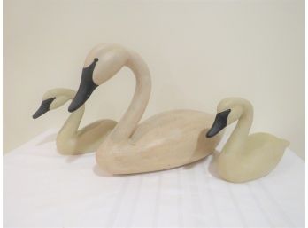 Trio Of Signed James Haddon Carved Wood Swans