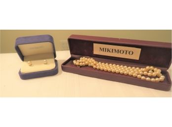Mikimoto Double Strand Pearl Necklace And Earrings 14k Gold