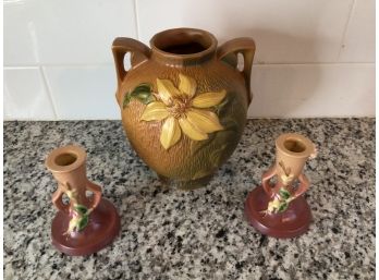 Roseville Candle Stick Set And Vase