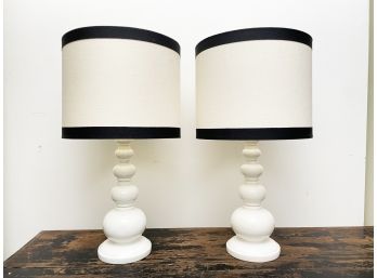 A Pair Of Ceramic Lamps With Custom Shades, Possibly Pottery Barn