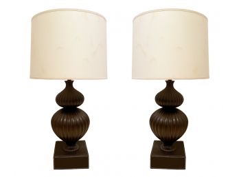 A Pair Of Bronze And Leather Lamps By Pottery Barn
