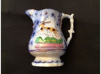 Antique Staffordshire Flow Blue & Polychrome Epsom Cup Jug With Stags