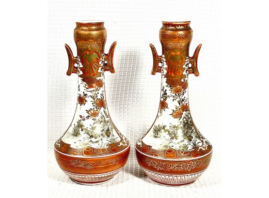 Pair Antique Japanese Hand Painted Signed Kutani Porcelain Vases