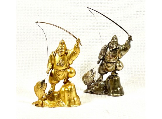 Two Vintage Signed Japanese Silver And Gilt Silver Fisherman God Figures