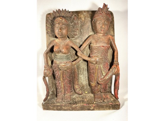 Indonesian Large Hand Carved Wood Deep Relief Wall Plaque Of Figures