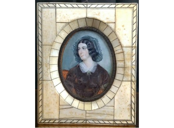 Antique Continental Miniature Painting Of Woman In Burgundy Dress